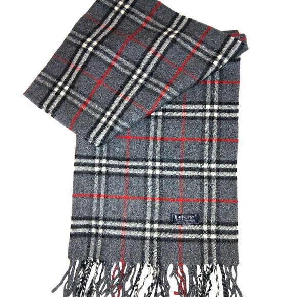 Vintage Burberry Gray Black Red Plaid Fall Winter Luxury Outdoor Scarf Scarves